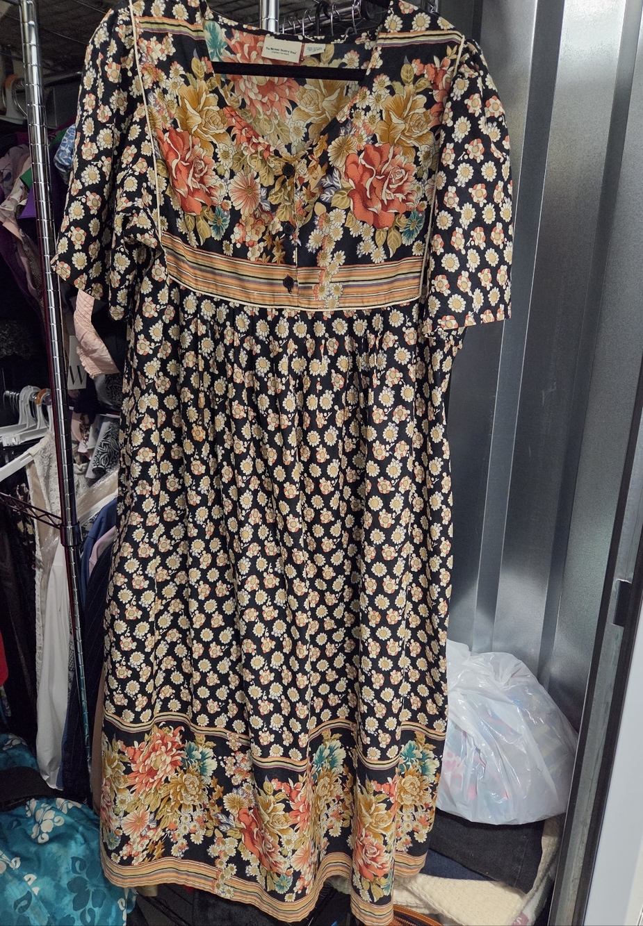 Black Floral-Print Midi Dress with Orange Accents